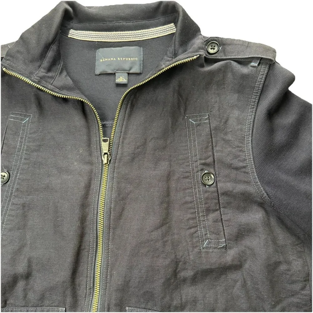 Banana Republic Mens Navy Blue Mixed Media Military‎ Utility Zip Jacket Medium